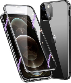 Луксозен алуминиев бъмпър от 2 части с магнити и стъклен протектор лице и гръб оригинален Magnetic Hardware Case за Apple iPhone 13 6.1 черен 